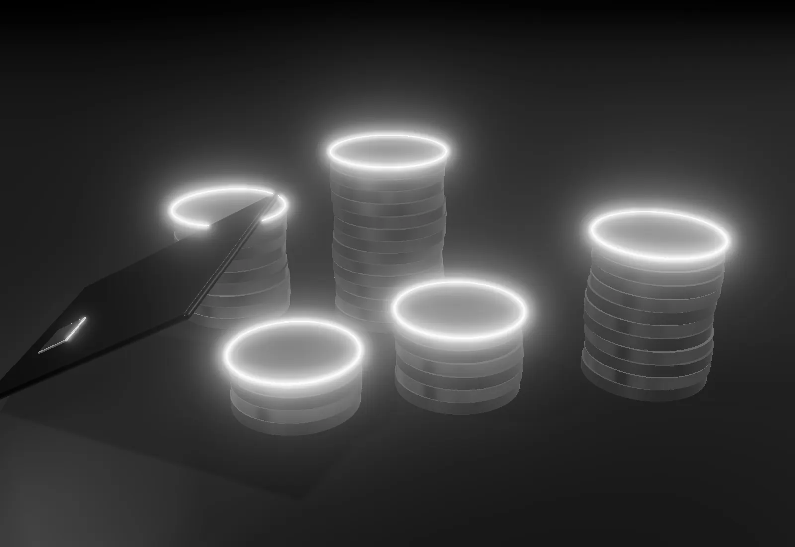 Stacks of silver coins, each topped with a ring of light, beside a payment card.