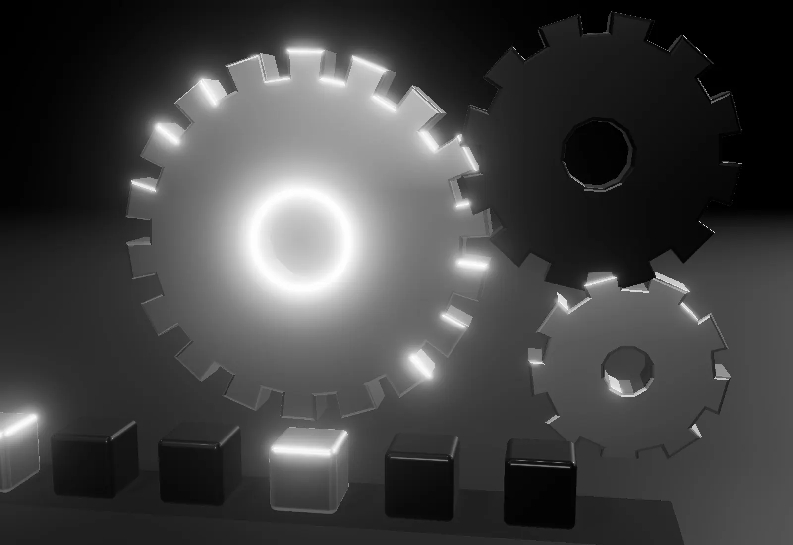 Interlocking metal gears turning beside a conveyor of cubes.