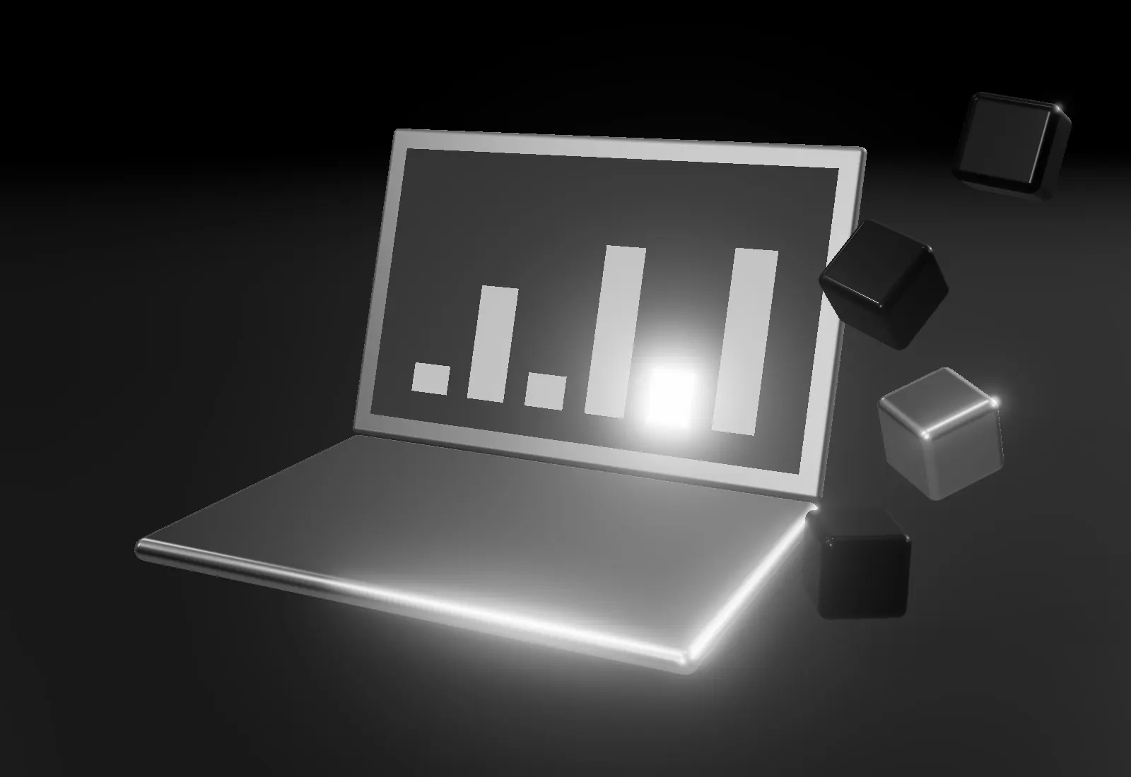 An open laptop showing a bar chart, with building blocks floating beside it.