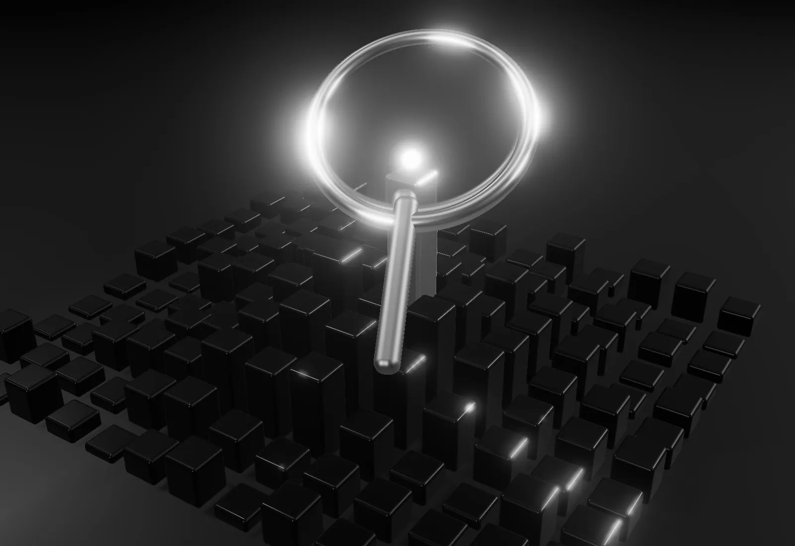 A magnifying lens hovering over a field of dark pillars, one of them lit.