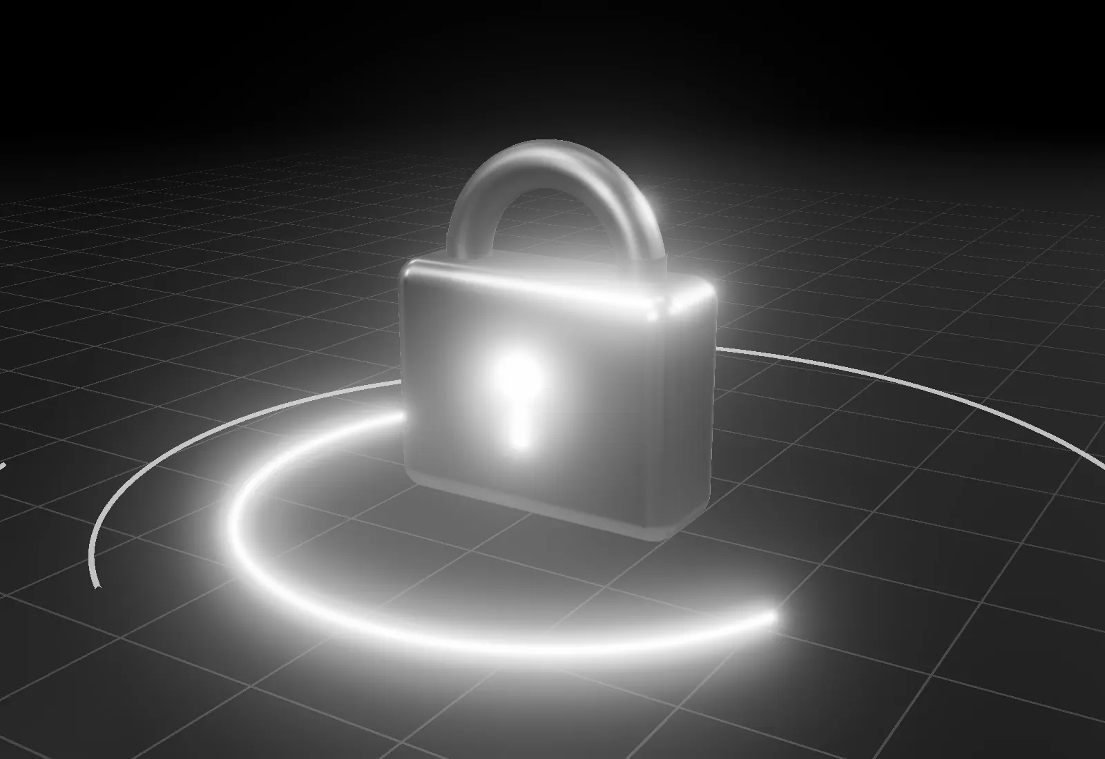A polished padlock on a grid, encircled by arcs of light.
