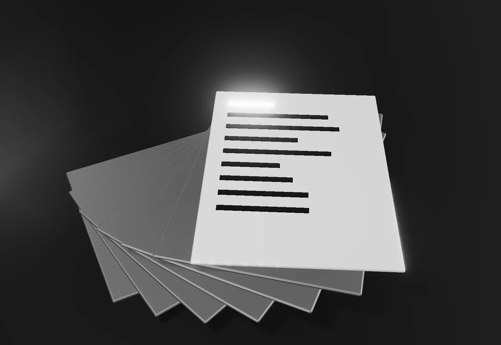 A fan of documents, the top page lined with text.