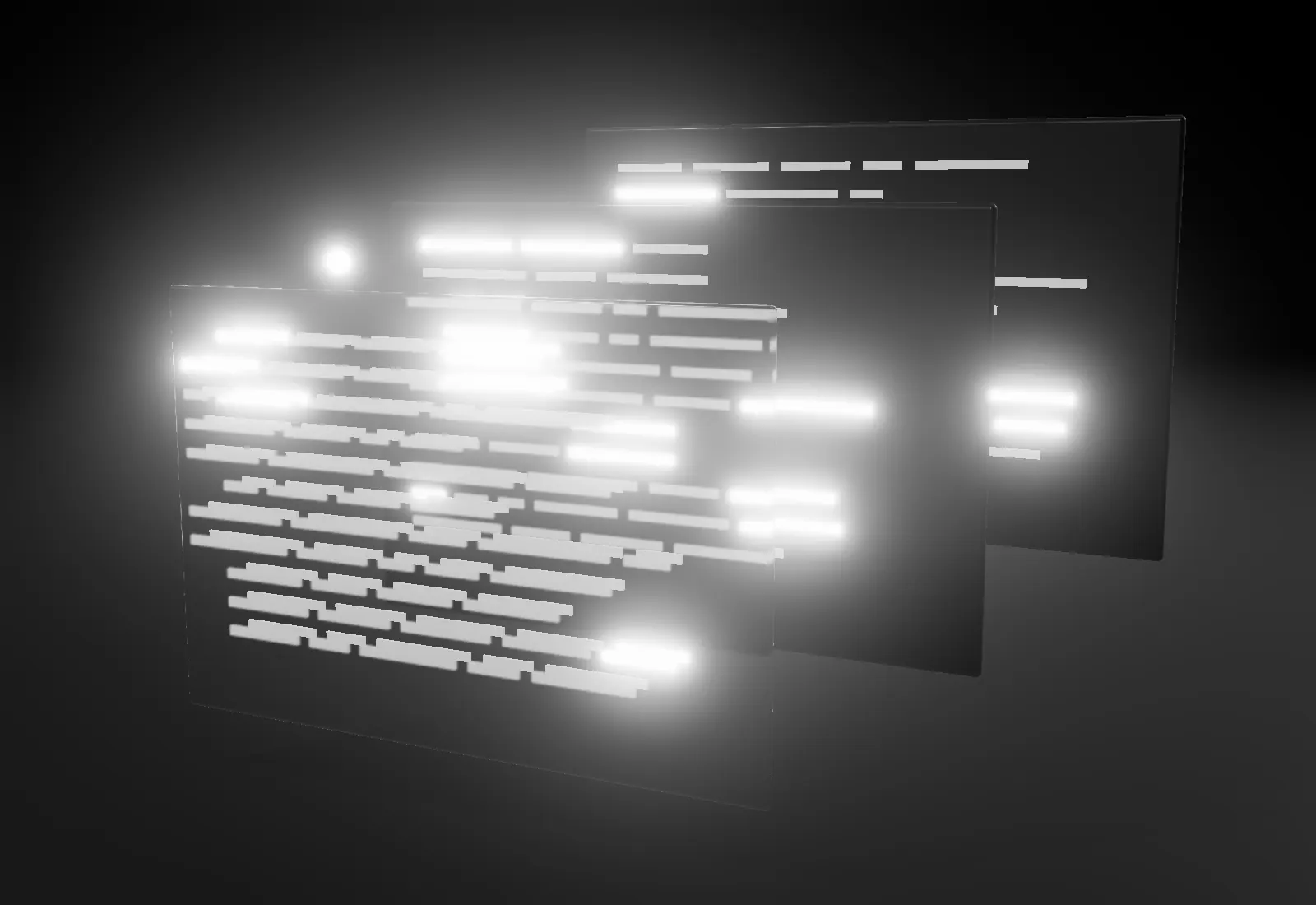 Layered glass panes of code floating in the dark.