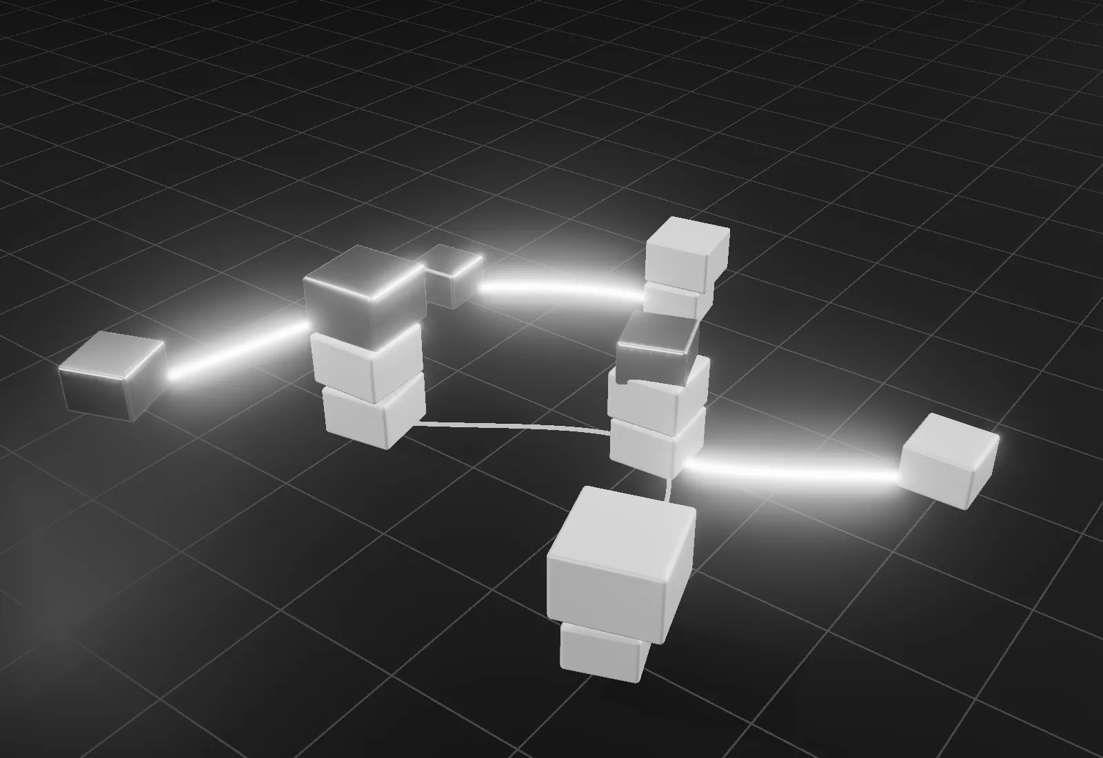 Stacked parcels on a grid, joined by glowing delivery routes.