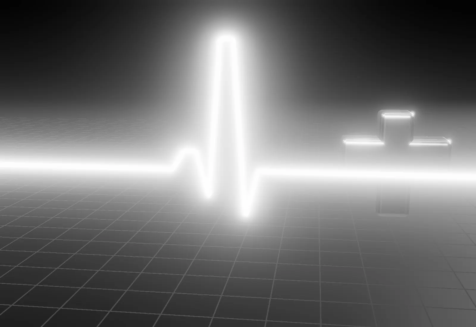 A heartbeat line traced in light above a grid, beside a silver cross.