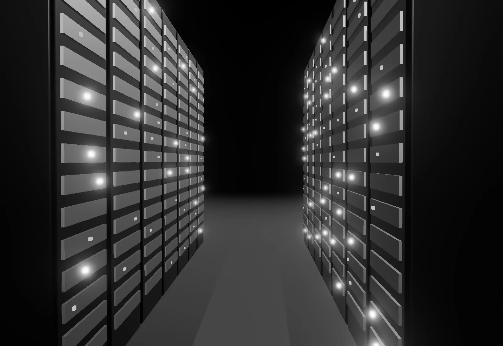 An aisle of server racks studded with status lights.