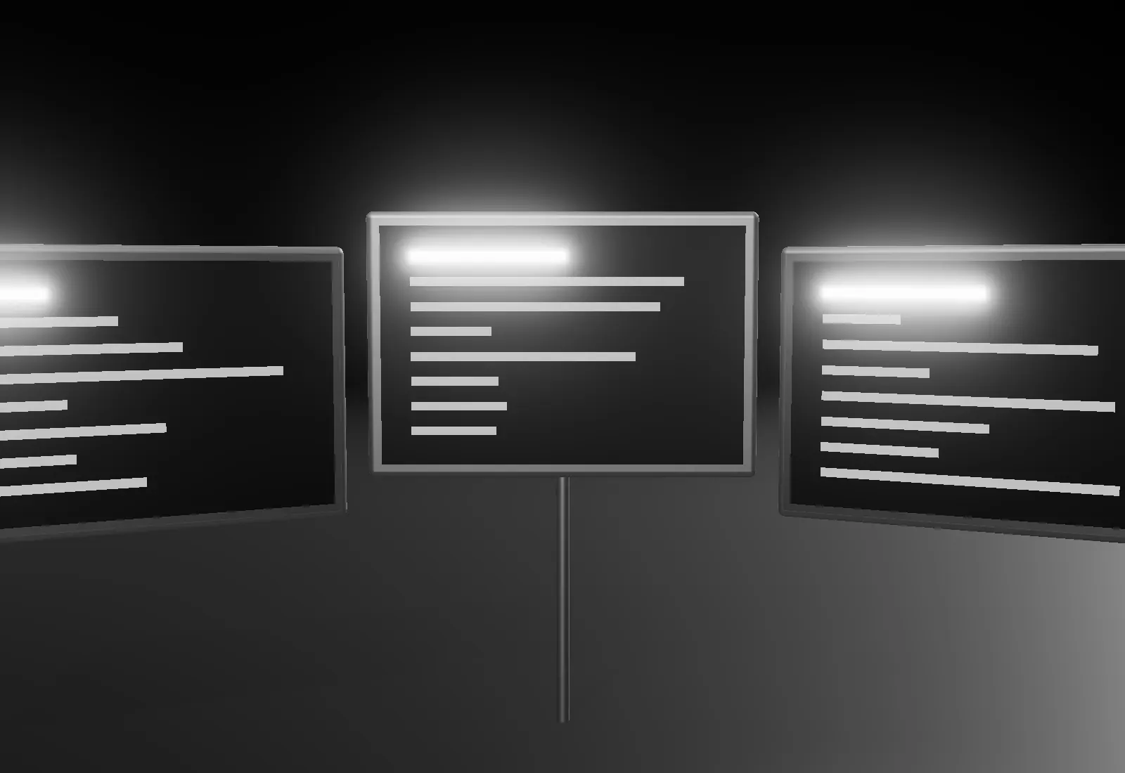 Three screens of notes angled towards the viewer.