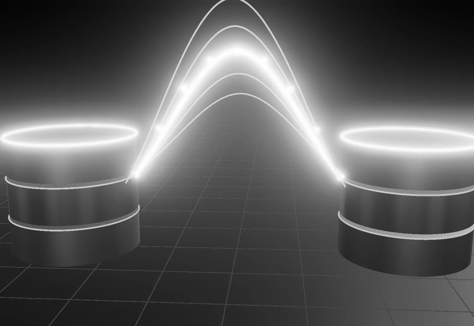 Two silver data stores joined by arcs of flowing light.