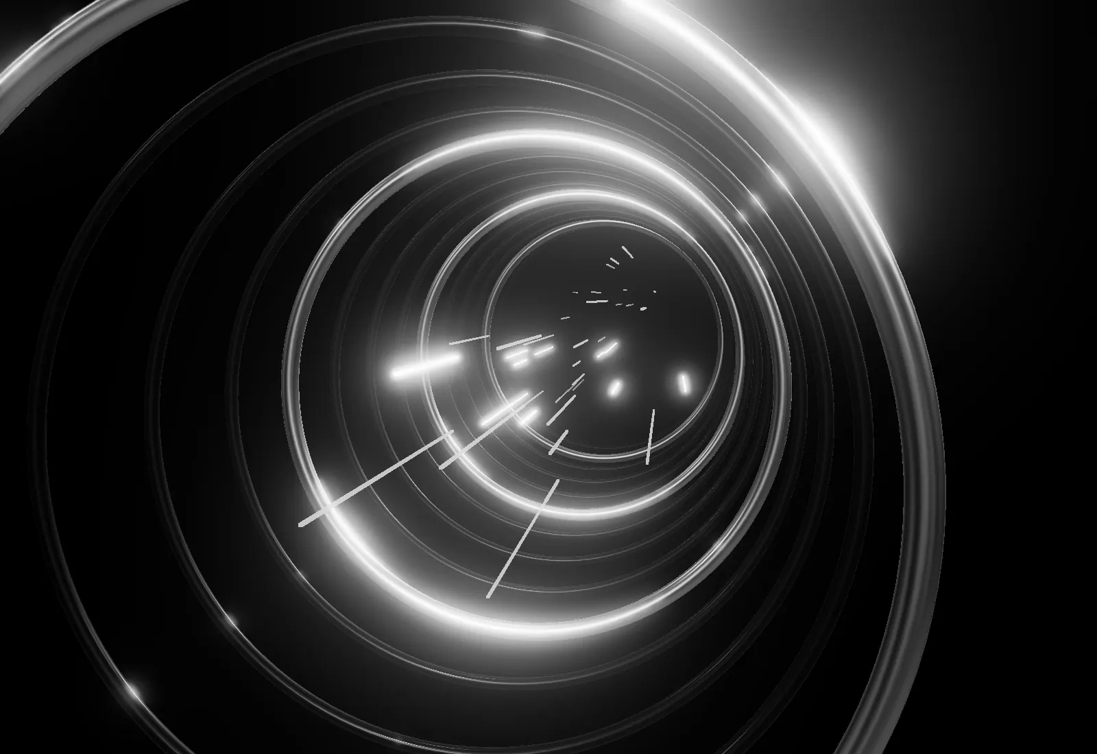 Streaks of light racing through a tunnel of metal rings.