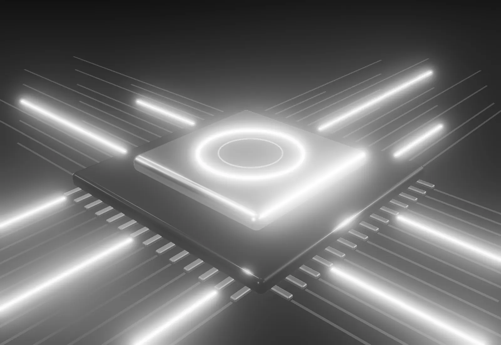 A silver processor on a dark board, light running out along its traces.
