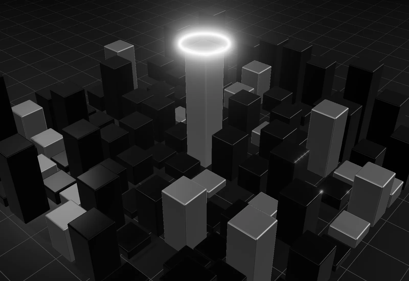 An isometric city of dark blocks with one tall silver tower ringed in light.